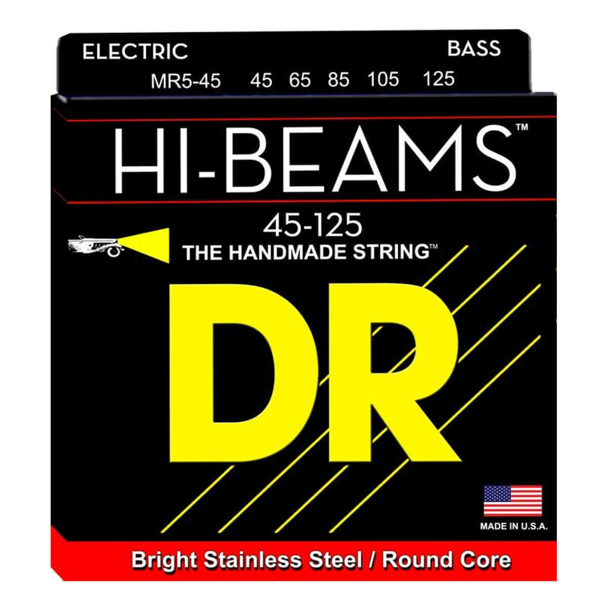 DR Hi-Beam 5 (45-125) Cuerdas de Bajo Eléctrico - Descripción Las cuerdas para bajos de acero inoxidable Hi-Beams™ son enrolladas y construidas sobre un núcleo redondo que es único en la industria. Para fabricar la cuerdas Hi-Beams™ se requiere mucho más