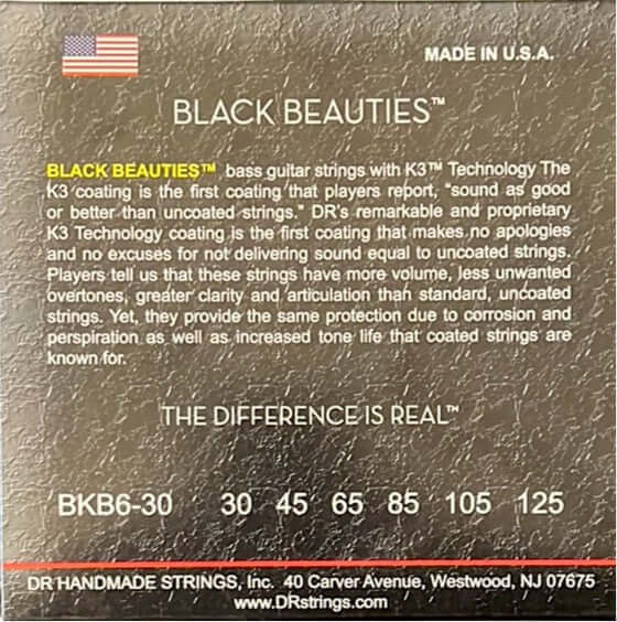 DR Strings Black Beauties 6 (30-125) Cuerdas de Bajo Eléctrico - Descripción Cuerdas de bajo BLACK BEAUTIES™ on tecnología K3™. El recubrimiento K3 es el primer recubrimiento que "suena tan bien o mejor que las cuerdas sin recubrimiento".El extraordinario