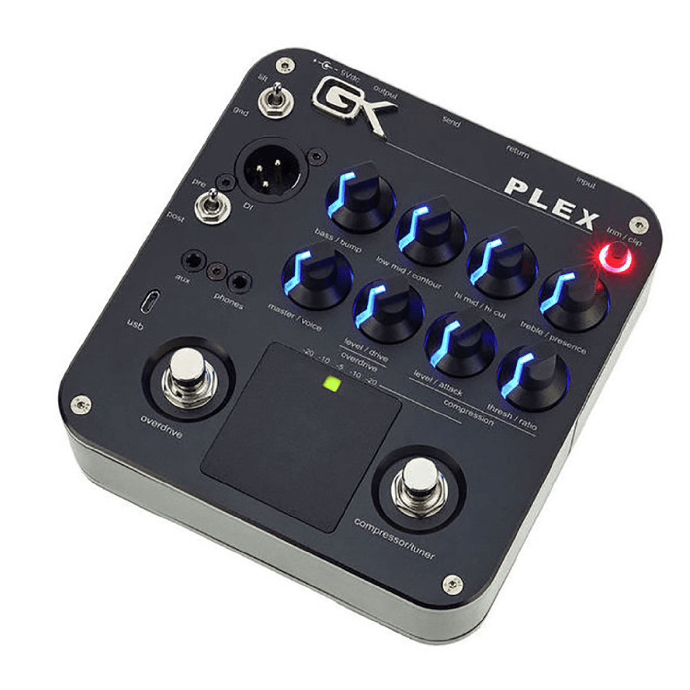 Gallien-Krueger PLEX - El pedal de bajo Gallien-Krueger PLEX Preamp ofrece un increíble arsenal de herramientas. Un ecualizador activo de 4 bandas brinda infinitas oportunidades para modelar el sonido. El control Contour de PLEX hará que los fans del lege